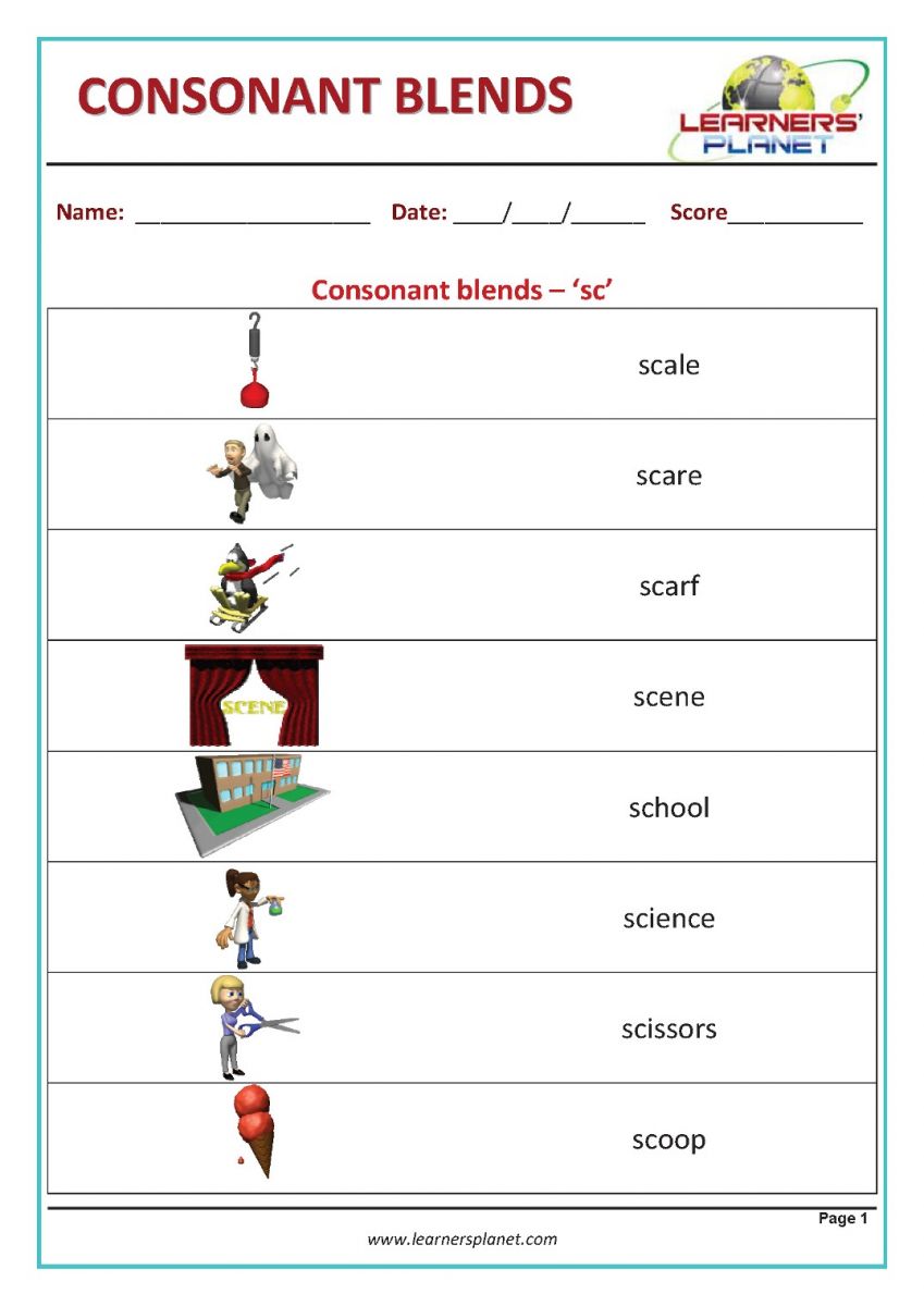 Free worksheets on preschool consonant blend
